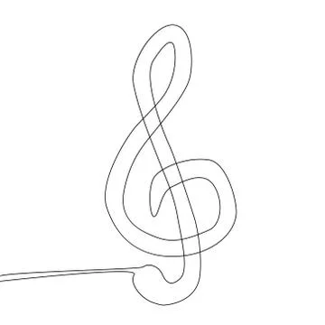 A treble clef is drawn by a single black line on a white background. One-line Stock Illustration