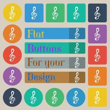 Treble clef icon. Set of twenty colored flat, round, square and rectangular b Stock Illustration