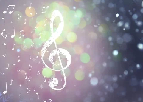 Treble clef, music notes and snowflakes against blurred background, space f.. Stock Photos