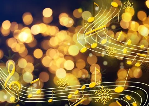 Treble clef, music notes and snowflakes against dark background. Bokeh effect Stock Photos
