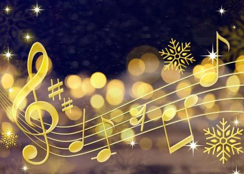 Treble clef, music notes and snowflakes against dark blue background. Bokeh.. Stock Photos