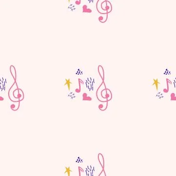 Treble clef, notes, heart, stars, abstract elements seamless pattern in pink, 스톡 일러스트