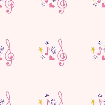 Treble clef, notes, heart, stars, abstract elements seamless pattern in pink, Illustrazione stock