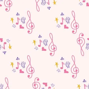 Treble clef, notes, heart, stars, abstract elements seamless pattern in pink, Illustrazione stock