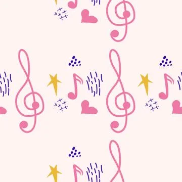 Treble clef, notes, heart, stars, abstract elements seamless pattern in pink, Stock Illustration
