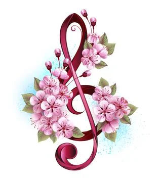 Treble clef with sakura Stock Photos