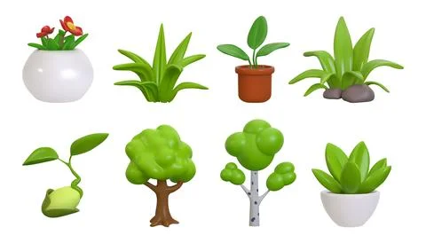 Tree 3d, nature spring grass garden from park, farm or interior plants. Leaf Ilustração Stock