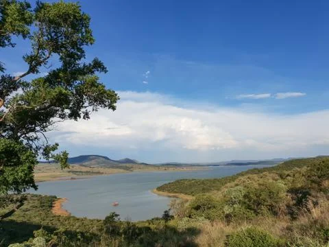 Tree against clouds in blue sky and Spion Kop dam in distance. Stock Photos