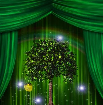 Tree and apple before curtains Stock Illustration