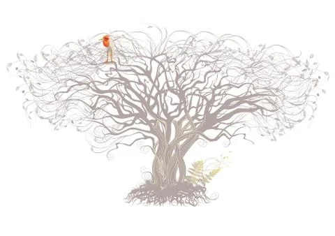 Tree and bird on a white background. Stock Illustration