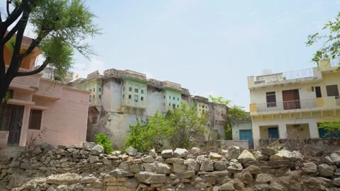 Tree and Buildings in Mixed Architectural Scene, Piplantri Village, Rajasthan Stock Footage 313239559