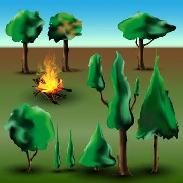 Tree and bush set with fire Illustrazione stock