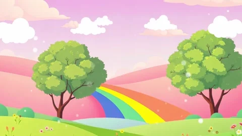 Tree and Cartoon Mountain. Sky Seamless Cartoon Animation Stock Footage 305229131