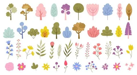Tree and flower. Forest plants. Park shrub. Bush foliage. Spring vegetation Ilustración de archivo