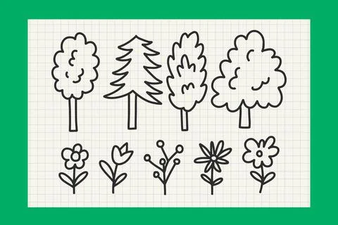 Tree and Flowers Linear Pencil Drawing Stock Illustration