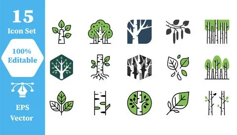 Tree and forest nature icon set with woodland environment botanical landscape Stock Illustration