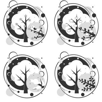 Tree and four seasons - spring, summer, autumn, winter in gray tones. Art Tre Stock Illustration