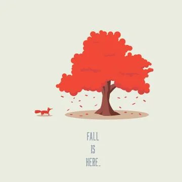 Tree and fox in fall or autumn vector landscape. Seasonal symbol with leaves Stock Illustration