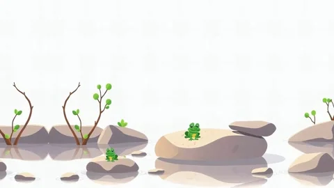 Tree and Frog - Serene Animated Pond Scene Stock Footage 305729633