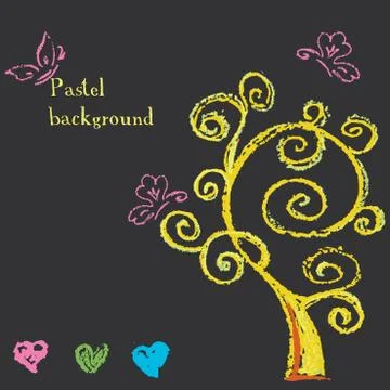 Tree and hearts. Background painted pastel crayon. Stock Illustration