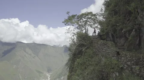 Tree and Hikers on Side of Cliff in Peru Stock-Footage 56449151