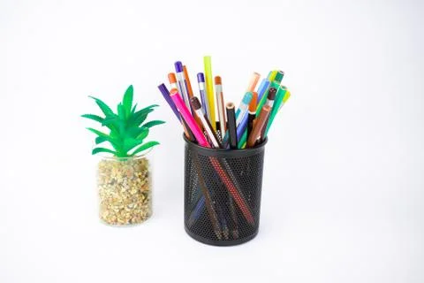 A tree and a jar full of different colored pencil crayons placed before a whi Stock Photos