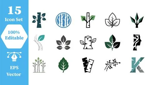 Tree and leaf icon set collection with environment collection silhouette Stock Illustration
