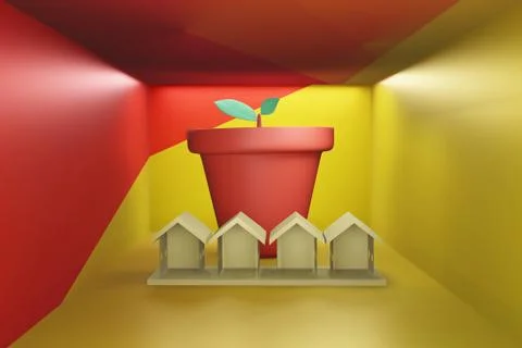 Tree and leaf room interior geometric polygon model holiday 3D Rendering. Stock Illustration