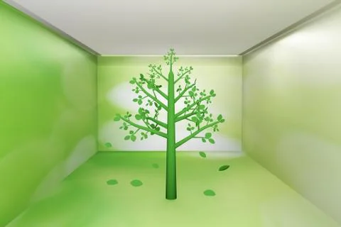 Tree and leaf room interior geometric polygon model holiday 3D Rendering. Stock Illustration