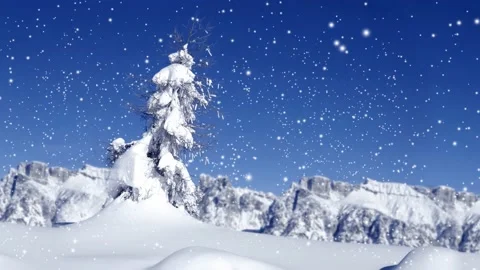 Tree and Mountains with Snowfall Stock-Footage 161542824