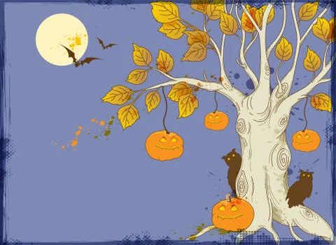 Tree and pumpkins Stock Illustration