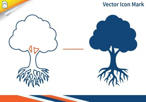 Tree and roots icon outline fills dark blue and orange. Illustrazione stock