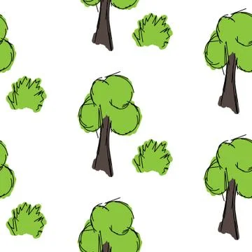 Tree and shrub painting is painted on a white background, seamless pattern Stock Illustration