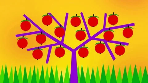 Tree with apples against the yellow sky, sun and green grass. Stock Footage 107210357