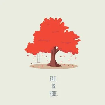 Tree in autumn. Symbol of fall with empty swing and falling leaves. Orange Stock Illustration