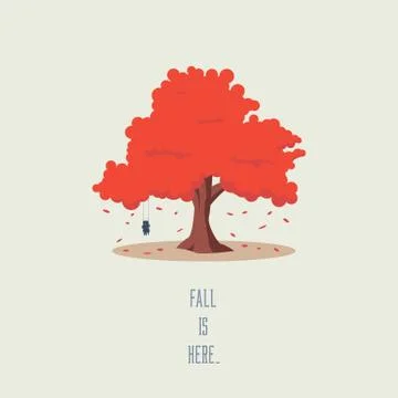 Tree in autumn. Symbol of fall with empty swing and falling leaves. Orange Stock Illustration