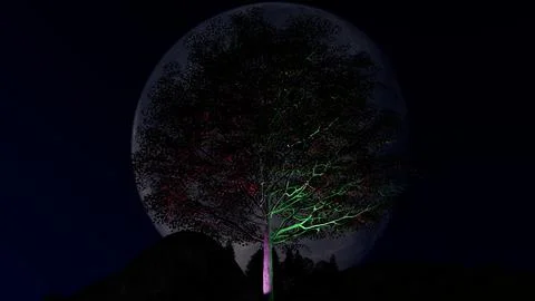 Tree on the background of the moon with pink and green highlights. 3D Render Stock Illustration