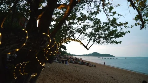 A tree on the beach wrapped in neon ribbon. Lighting design near the restaurant Stock Footage 237745679
