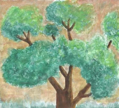Tree big brunches green leaf bunch brown background watercolor Stock Illustration