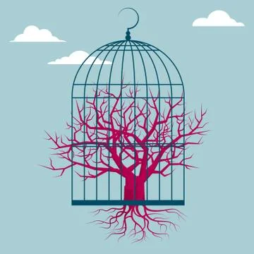 The tree is in a bird cage. Isolated on blue background. Illustrazione stock