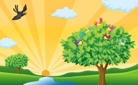 Tree, birds and sun rays Stock Illustration