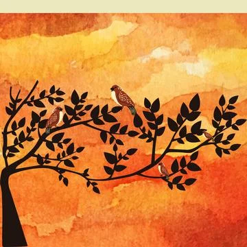 Tree with birds on a red-beige background. Stock Illustration