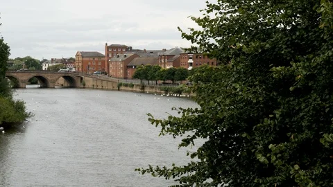 Tree blows in foreground River Severn and Worcester Bridge in Back Stock Footage 95924499