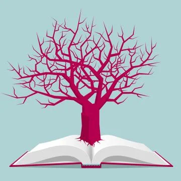 The tree is in the book. Isolated on blue background. Illustrazione stock