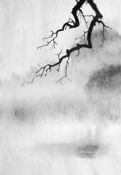 Tree branch on a background of misty mountains Illustrazione stock
