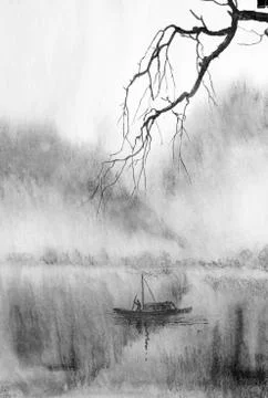 Tree branch on a background of misty mountains Stock Illustration