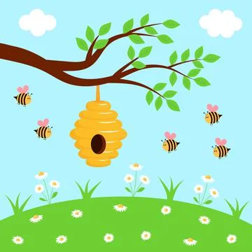 Tree branch with beehive and cute bees on the meadow full of chamomiles. Illustrazione stock