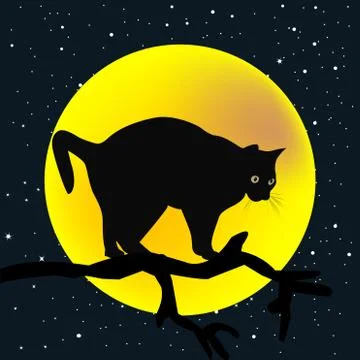 Tree branch with a cat in the moon background Stock Illustration