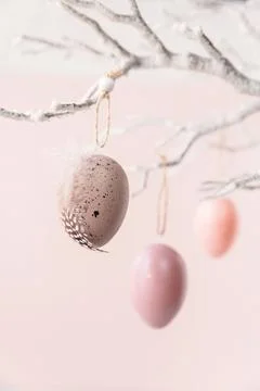 Tree branch decorated with Easter eggs on pastel pink background Stock Photos