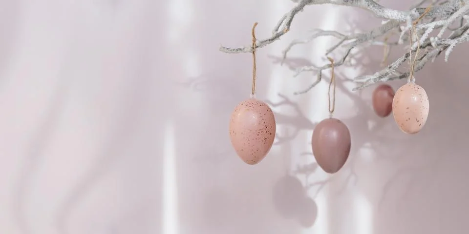 Tree branch with Easter eggs on pink background with sunlight and shadows Stock Photos